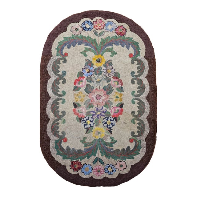 Vintage American Hand Hooked Rug, Wool & Cotton, Floral Pattern, Folk Art Tapestry, 3x5 For Sale