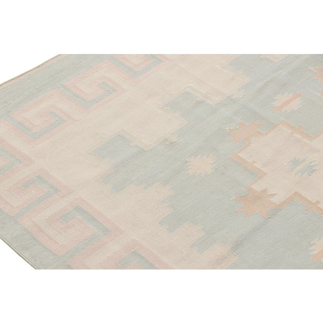 Rug & Kilim’s Contemporary Dhurrie Rug in Blue, White & Pink Geometric Patterns For Sale In New York - Image 6 of 7
