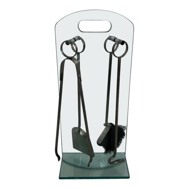 Am Designs Tempered Glass and Brass Fireplace Stand With Brushed Aluminum Tools For Sale