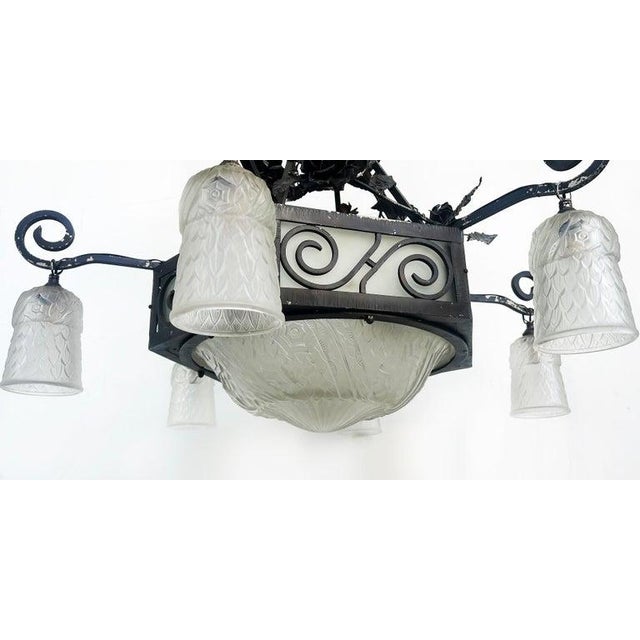 Black French Art Deco Wrought Iron, Glass Chandelier, Muller Freres Attributed, C1930 For Sale - Image 8 of 13