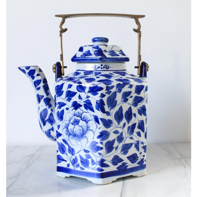 Vintage Asian Blue & White Porcelain Teapot W/ Brass Handle For Sale - Image 9 of 11