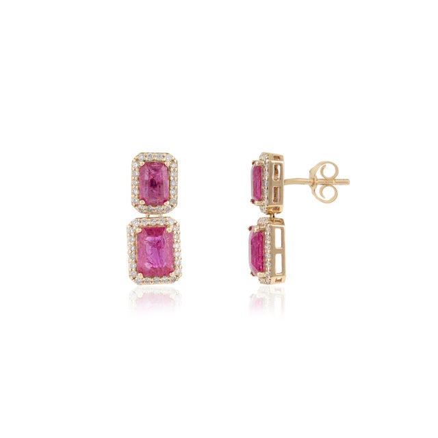 3.03 Carat Emerald Cut Ruby Diamond Double Drop Earrings in 14k Yellow Gold- A Pair For Sale In New York - Image 6 of 13