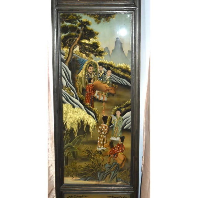 1910s Reverse Painted Wall Plaque on Glass Antique Asian Three Section Vertical For Sale - Image 5 of 12
