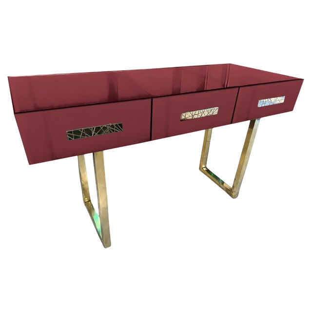 Console in Red Mirror Murano Glass with Brass Handles and Feet from Justfurnituress SRL For Sale - Image 6 of 6