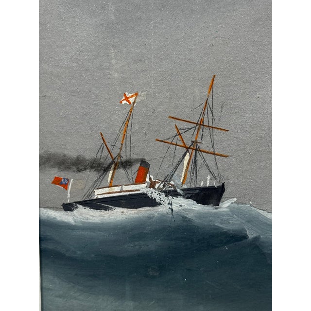 s.s. Shelley Steam Sail Ship in Heavy Seas — Attributed to Lucas Papaluca Early 20th Century Neapolitan Marine Painting | Gouache on Paper | Framed For Sale - Image 9 of 18