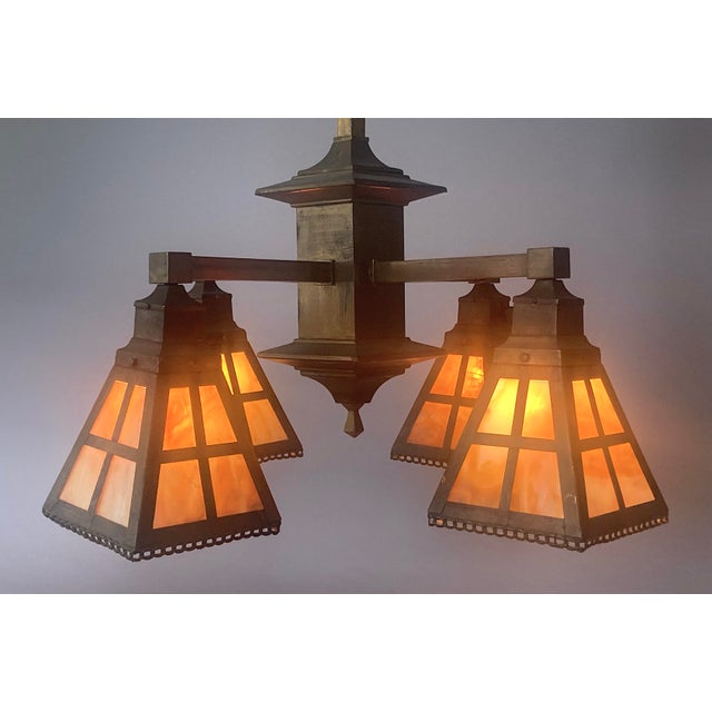 Mission Antique Arts & Crafts Mission 4-Light Brass Chandelier With Colorful "Slag Glass" Shades For Sale - Image 3 of 9