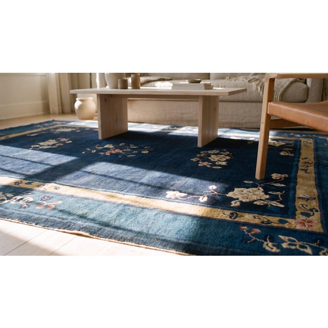 Navy Blue 1930s Blue Navy Floral Antique Chinese Peking Rug 6'4" X 8'8" Handknotted Wool Carpet For Sale - Image 8 of 8