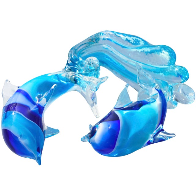 Blue Vintage Blue Murano Dolphins-On-Wave Italian Art Glass Sculpture For Sale - Image 8 of 11