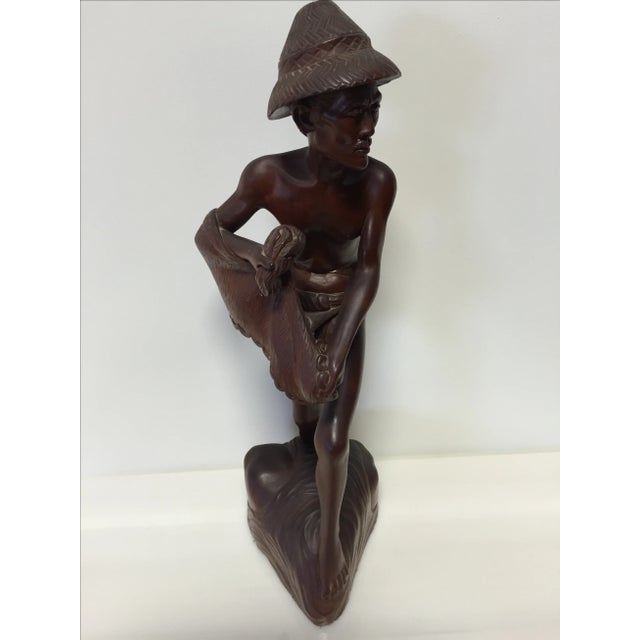 Asian Rosewood Hand Carved 22" Asian Fisherman Statue For Sale - Image 3 of 7