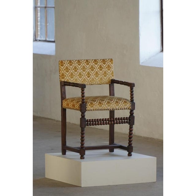 French Louis XIII Style Bobbin Armchair with Patterned Fabric, 1930s For Sale - Image 4 of 18