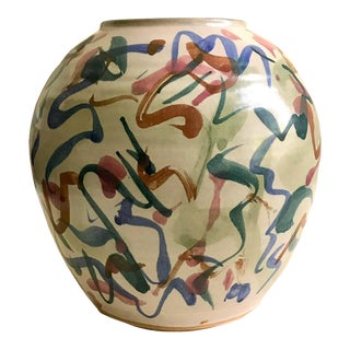 Vintage 1980s Signed Post Modern Studio Art Pottery Abstract Avant Garde Expressionist Multi Color Ceramic Vase For Sale