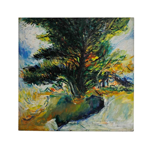 Wood Expressionist Painting - Landscape With a Fir Tree For Sale - Image 7 of 7
