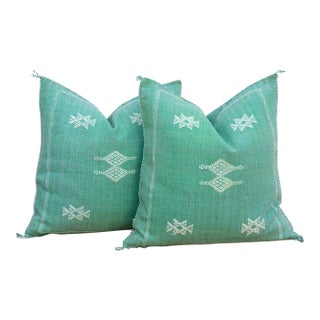 Pair of Aqua & White Cactus Silk Moroccan Pillows For Sale
