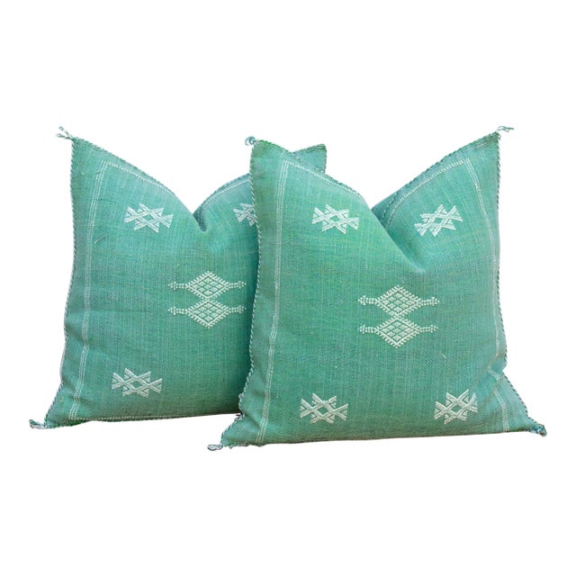 Pair of Aqua & White Cactus Silk Moroccan Pillows For Sale