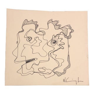 Original Vintage Wayne Cunningham Abstract Ink Drawing-Double Sided 1980’s For Sale