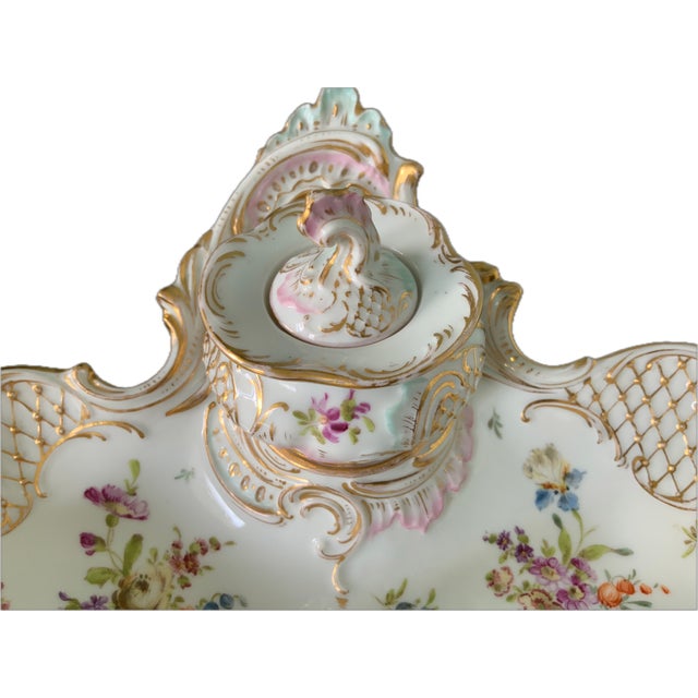 Traditional Antique Dresden Porcelain Inkwell & Pen Tray Handpainted For Sale - Image 3 of 12
