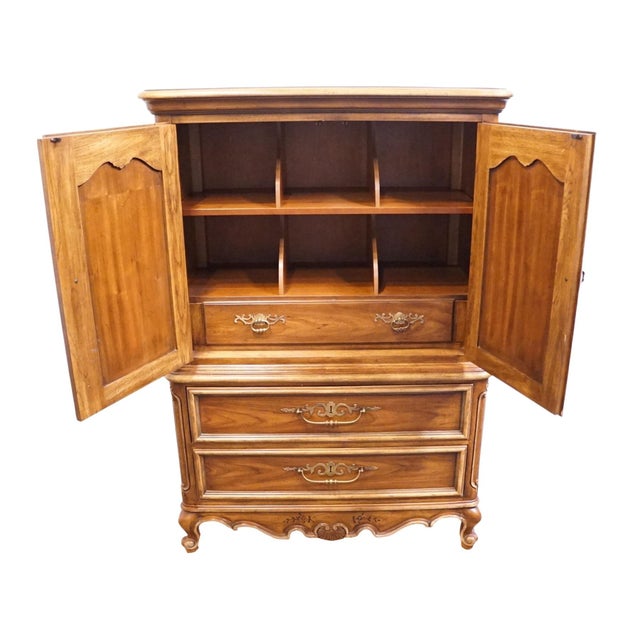 Late 20th Century Drexel Heritage Brittany Collection Solid Pecan Country French Style 41" Door Chest W. Floral Accents 202-420 For Sale - Image 5 of 18