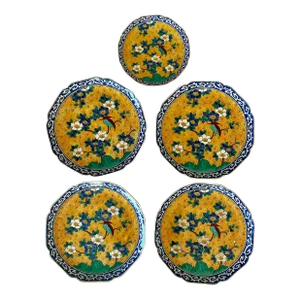 Vintage Kutani Ware Hand-Painted Gold, Blue and Green Plates - Set of 5