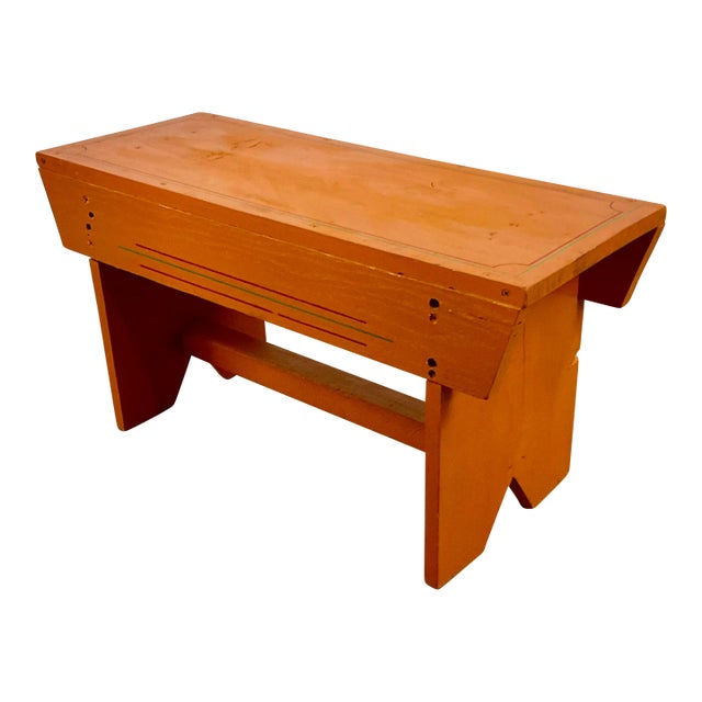 1970s Vintage Arts & Crafts Farmhouse Folk Art Painted Pine Bench For Sale