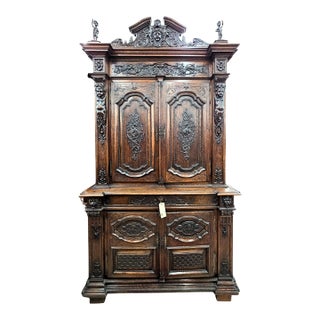 French Antique Walnut Cabinet With Drawers Neo-Renaissance- Revival For Sale