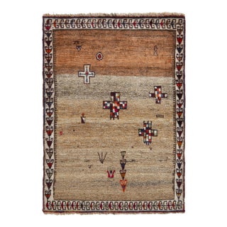 Hand-Knotted Mid-Century Vintage Gabbeh Rug - Beige Brown Persian Rug Design For Sale