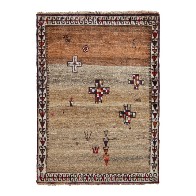 Hand-Knotted Mid-Century Vintage Gabbeh Rug - Beige Brown Persian Rug Design For Sale