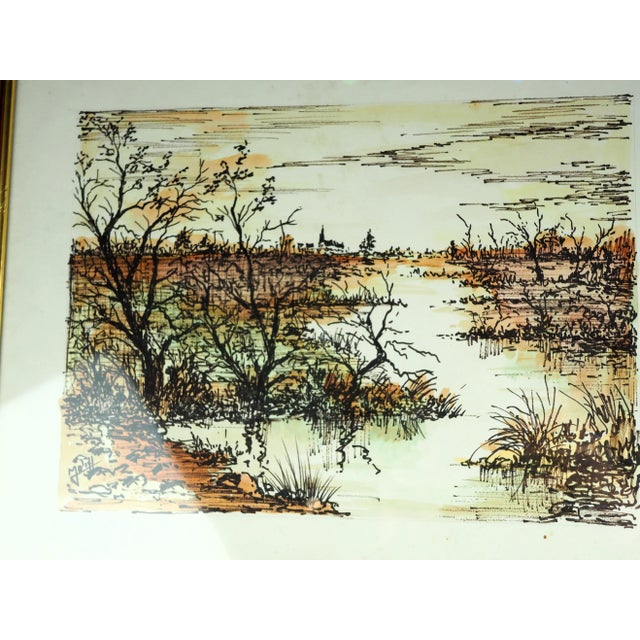 Amber 1970s French Watercolor Painting of View of Marsh, Church in the Distance, Framed For Sale - Image 8 of 11