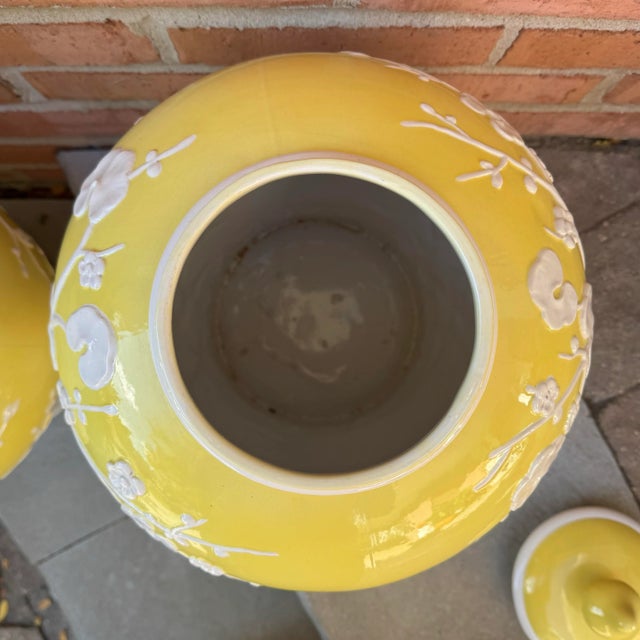 Ceramic Mid 20th Century Italian Chinoiserie Yellow Prunus Relief Ginger Jars - A Pair For Sale - Image 7 of 12