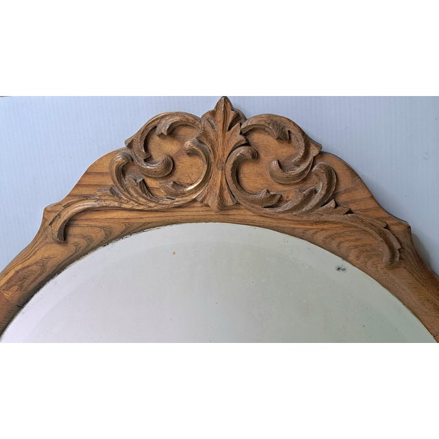 Antique Oval Oak Beveled Wall Mirror – Late Victorian / Edwardian – Carved Crest For Sale - Image 4 of 11