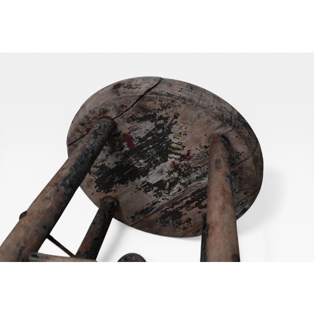 1920s French Rustic Workshop Stool With Iron Stretcher For Sale - Image 18 of 18