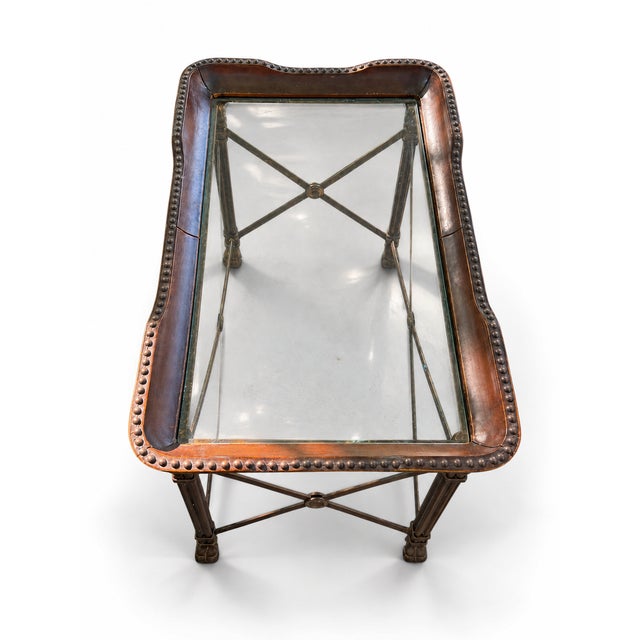 2000s Attributed to Maitland-Smith Leather, Iron & Glass Nailhead Coffee Table For Sale In Boston - Image 6 of 11