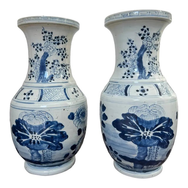 Pair of Blue & White Chinoiserie Cherry Blossom Vases With Peony &Greek Key Motifs For Sale