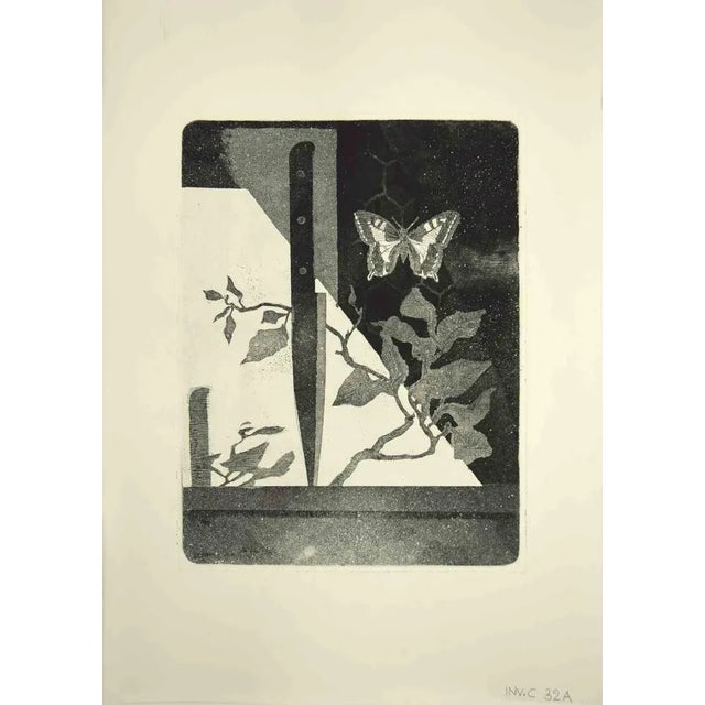 The knife and butterfly is an original etching print realized by Leo Guida in the 1970s. Good condition. Leo Guida (1992 -...