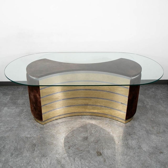 Brown Mid Century Modern Dining Table Glass Curved Mirrored Velvet Attributed to Willy Rizzo Italy For Sale - Image 8 of 10