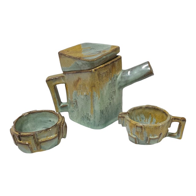 Late 20th Century Studio Crafted Hand Made Glazed Pottery Set Tea Pot, Sugar Bowl & Creamer For Sale