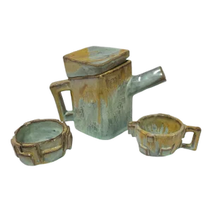 Late 20th Century Studio Crafted Hand Made Glazed Pottery Set Tea Pot, Sugar Bowl & Creamer
