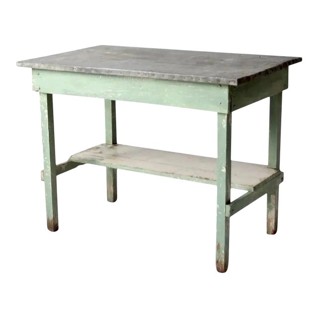 Antique Table With Galvanized Top For Sale