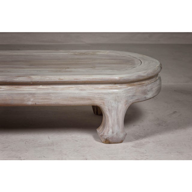 Teak Wood Vintage Whitewash Low Coffee table with Oval Top and Carved Legs For Sale - Image 9 of 12