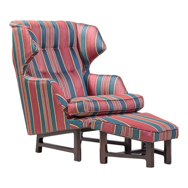 Edward Wormley for Dunbar Janus Mid Century Wingback Mahogany Lounge Chair and Ottoman For Sale