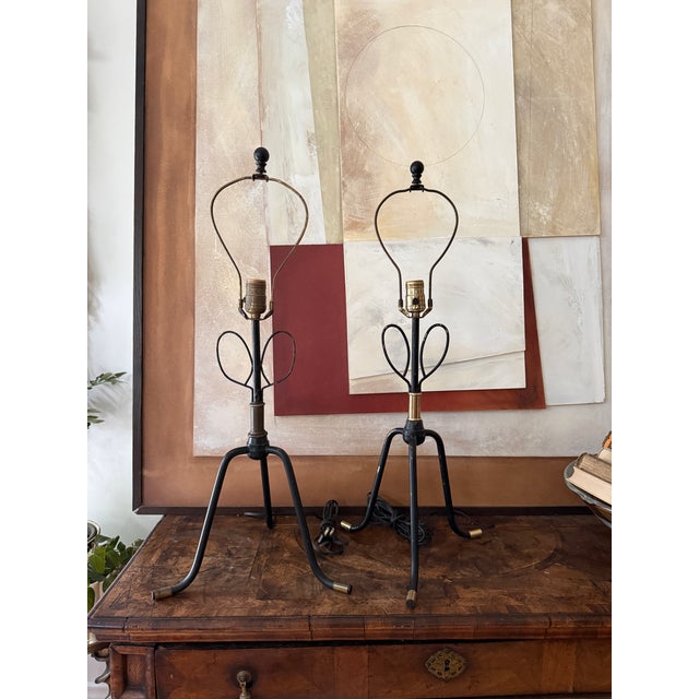 Mid Century Modern Metal Table Lamps With Original Shades Sculptural Iron Base - A Pair For Sale - Image 4 of 12