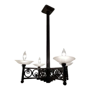 Muller Frere 1930 French Art Deco Wrought Iron and Glass Chandelier