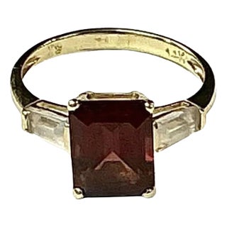 Garnet With Diamond Baguettes 14k Yellow Gold Ring For Sale