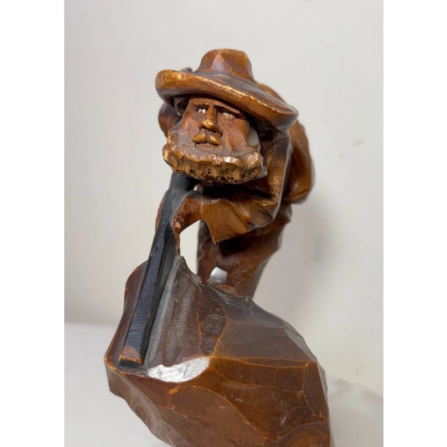 Brown Share Antique Hand Carved Wood Folk Art Hunting Man With Rifle Sculpture Statue Figure For Sale - Image 8 of 14