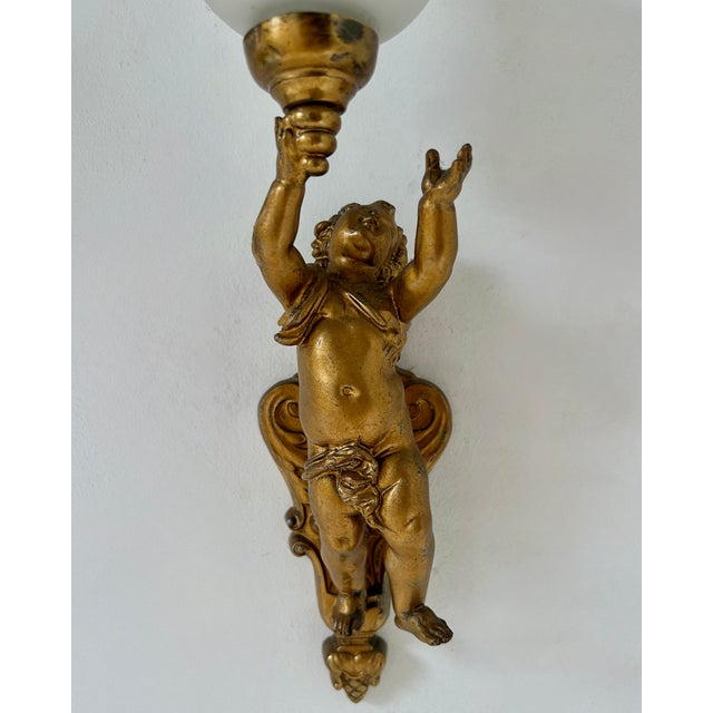 Vintage Wall Sconces in Gilt Metal and Opaline Glass, Italy, 1960s, Set of 2 For Sale - Image 6 of 7