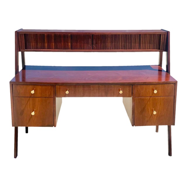1960s Mid-Century Walnut Floating Tambour Desk Attributed to Glenn of California For Sale