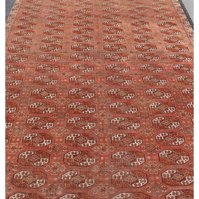 Textile Antique Tekke Rug With Gul Motif in Rich Coral and Ivory Tones 8'0 X 18'10 For Sale - Image 7 of 12