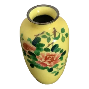 Asian Yellow Cloisonne Enamel Rose Metal Vase