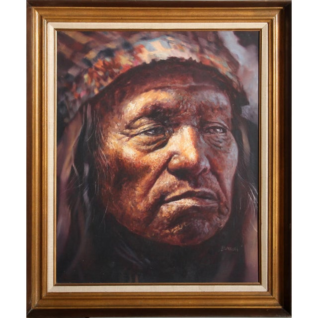 Jorge Braun Tarallo, American Indian Chief Portrait, Oil on Canvas For Sale - Image 4 of 4