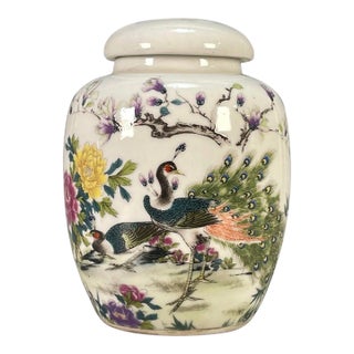 Vintage Famille Rose Porcelain Tea Jar With Lid – Peacock, Peony & Magnolia Motif For Sale
