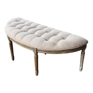 Nwt Safavieh Home Collection Abilene Beige and Rustic Oak Tufted Rustic Semi Circle Bench For Sale